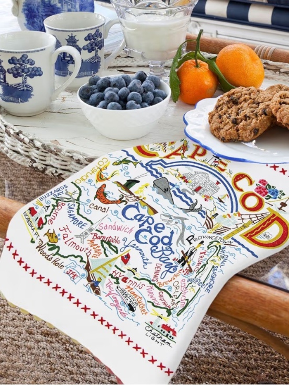 Cape Cod Decorative Kitchen Tea Towel - White with Multicolor Map Print
